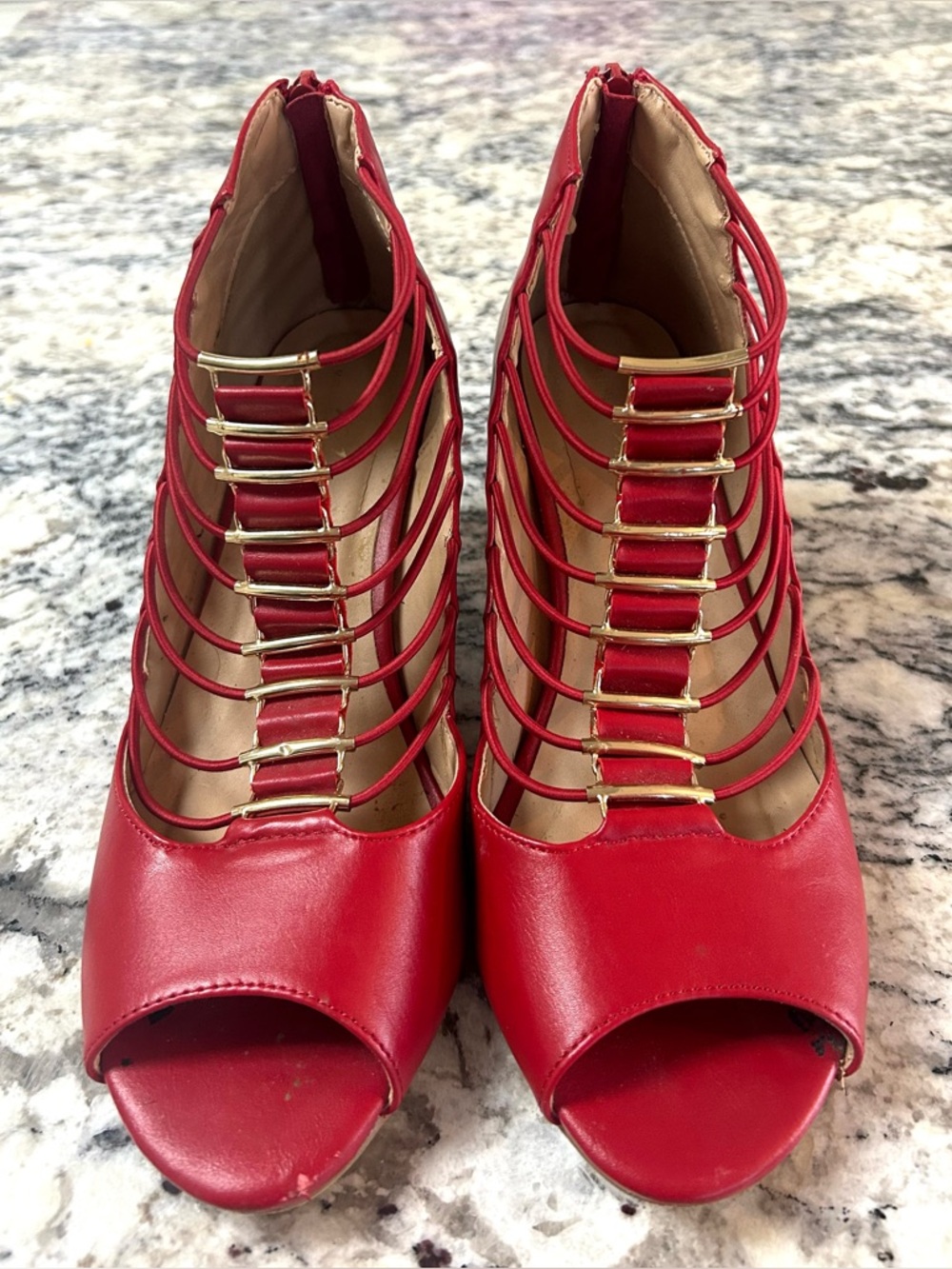 Red Strappy Peep-Toe Women's Heels